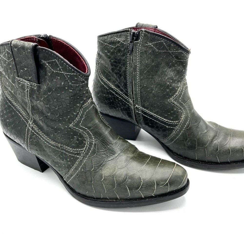 PROGETTO Snakeskin Leather Western Boho Ankle Boots in Forest Green SZ 38